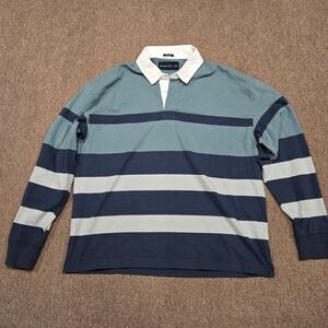 Abercrombie Rugby Shirt Mens L Blue Teal Striped Oversized Long Sleeve Polo Y2K